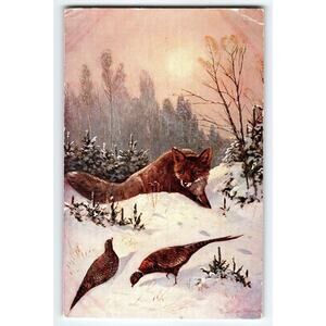 Vintage Signed Muller Artist Card Fox and Pheasants Winter Scene